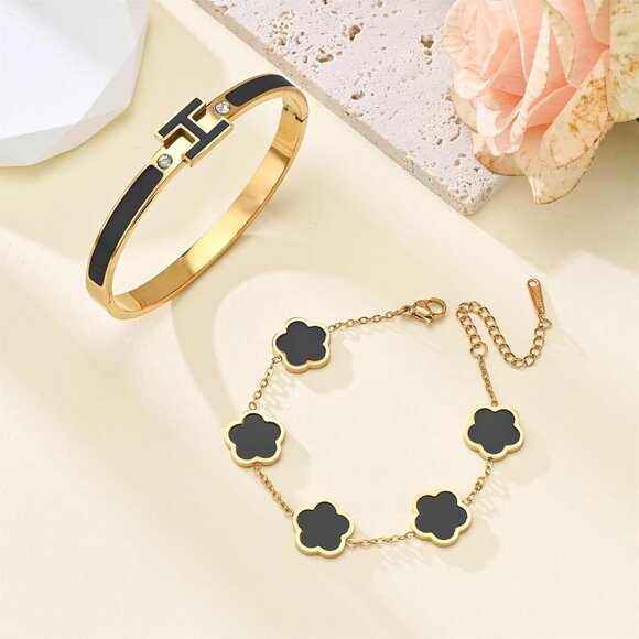 Women’s Gold-Black Stainless Steel H Bangle & Lucky Five-Leaf Clover Bracelets S - Picture 7 of 7